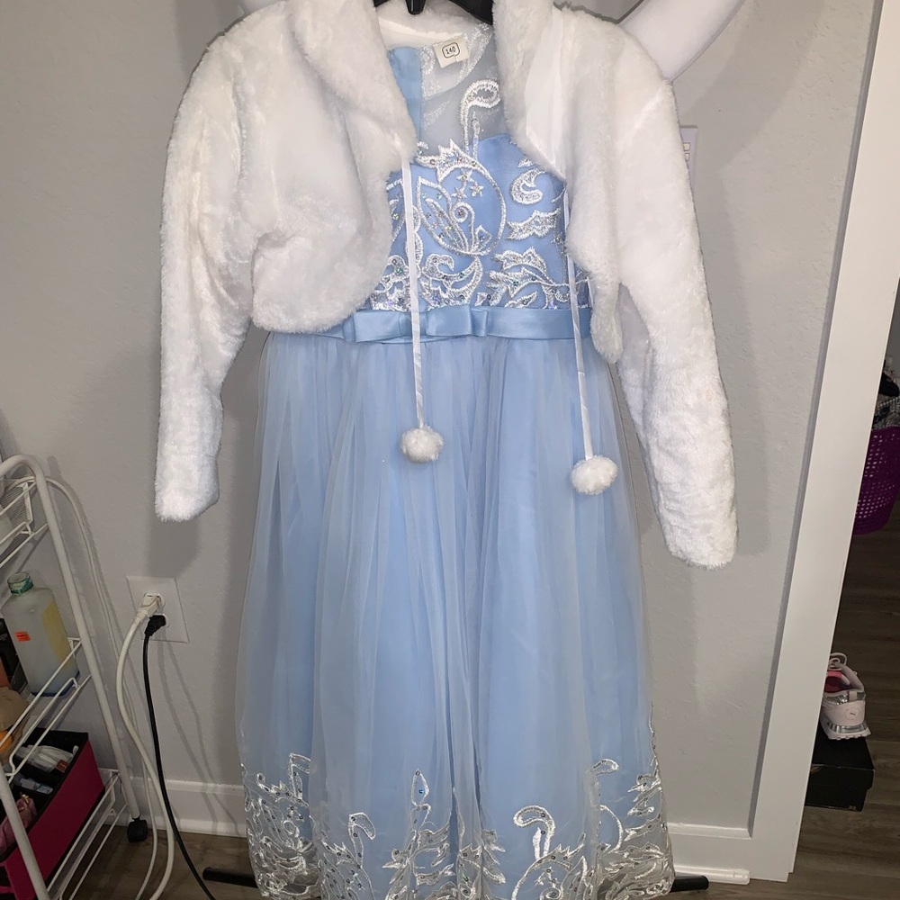 Elegant Blue and White Dress with Faux Fur Jacket